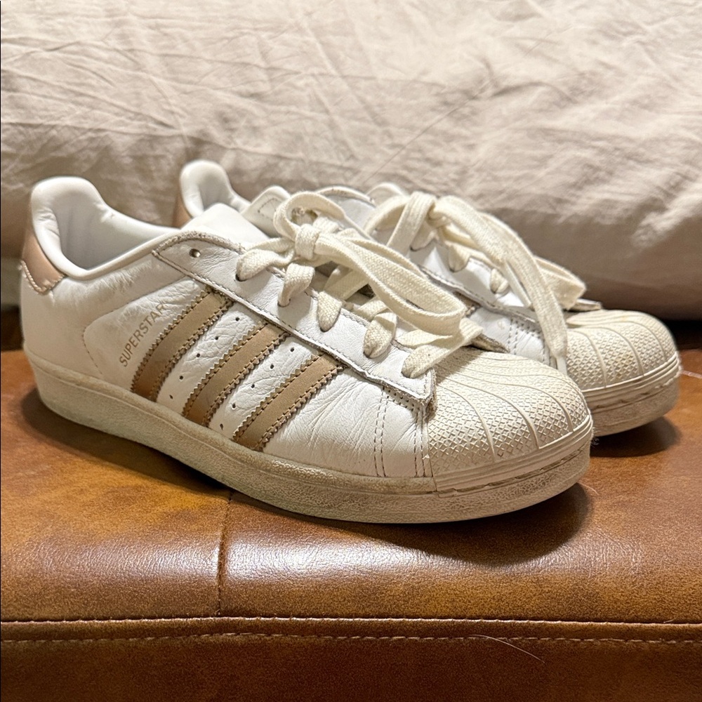 Adidas Superstar White and Gold Athletic Shoes